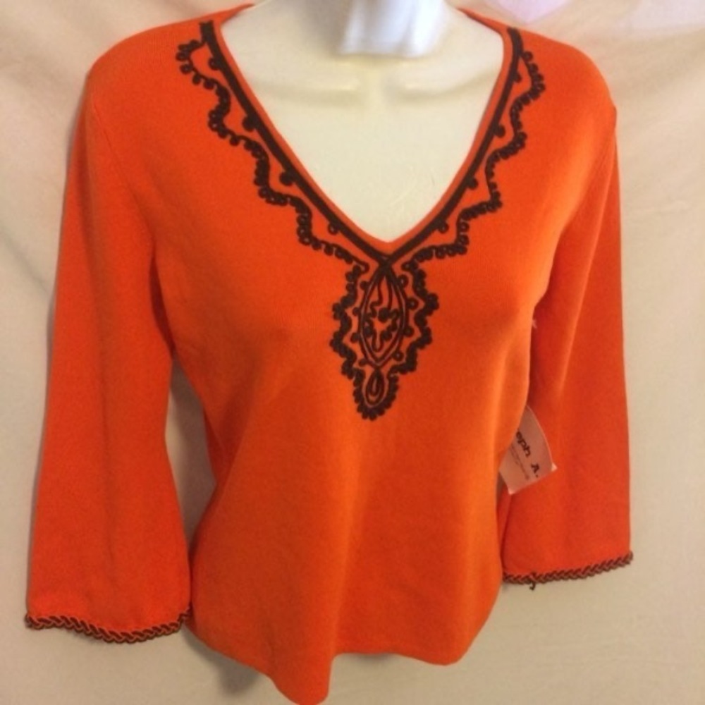 Orange V-Neck Top with Embroidery